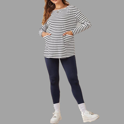 Camiseta de manga larga con cuello redondo y bolsillo a rayas para mujer embarazada