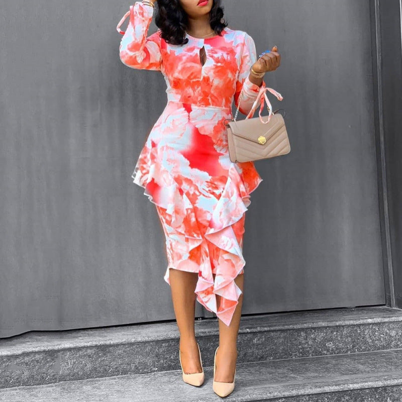 Vestido informal de manga larga con volantes y estampado floral para mujer