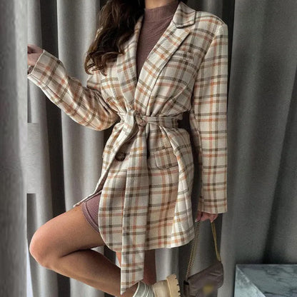 Chaqueta elegante de invierno holgada informal a cuadros con cordones y manga larga para mujer