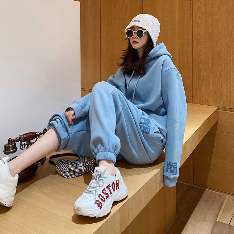 Women Solid Lettering Hoodie And Elastic Pants Casual Loose Two Piece Set