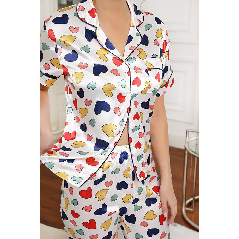 Conjunto de pijama informal de seda sintética para mujer, con solapa y estampado de corazones multicolor, manga corta, para el hogar