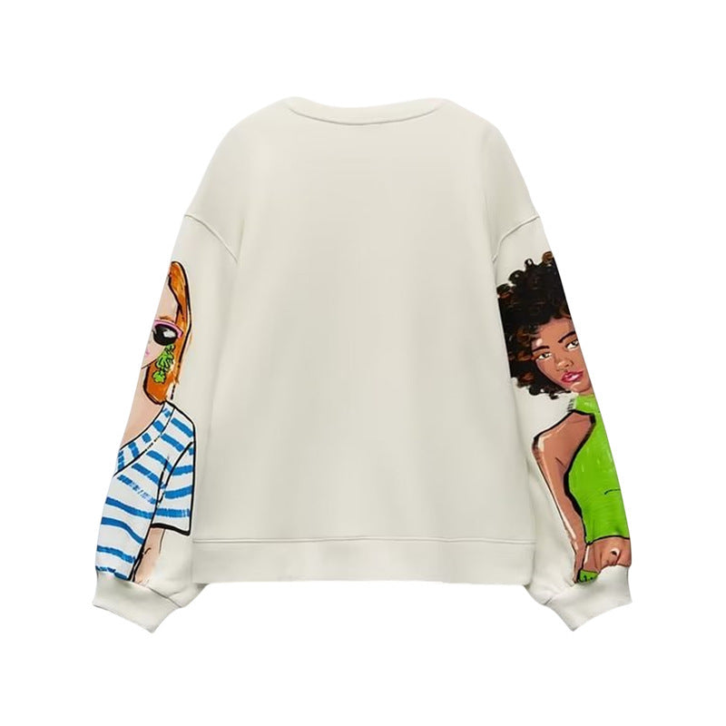 Women Casual Loose Cartoon Girl'S Printed Round Neck Long Sleeve Sweatshirt