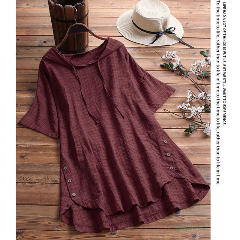 Blusa holgada con capucha y cuello redondo de manga corta para mujer, informal, de verano, talla grande