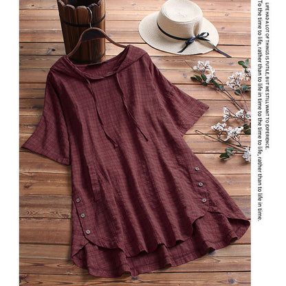 Blusa holgada con capucha y cuello redondo de manga corta para mujer, informal, de verano, talla grande