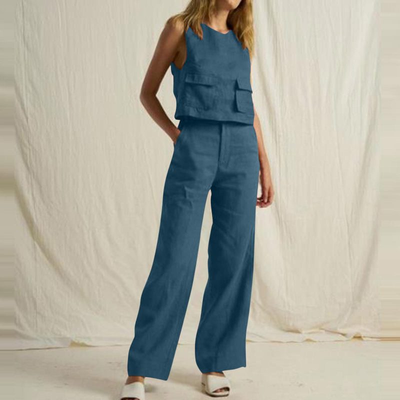 Conjunto de dos piezas informal de moda para mujer, sencillo, de color sólido, sin mangas, con bolsillos y pantalones