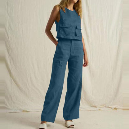 Conjunto de dos piezas informal de moda para mujer, sencillo, de color sólido, sin mangas, con bolsillos y pantalones