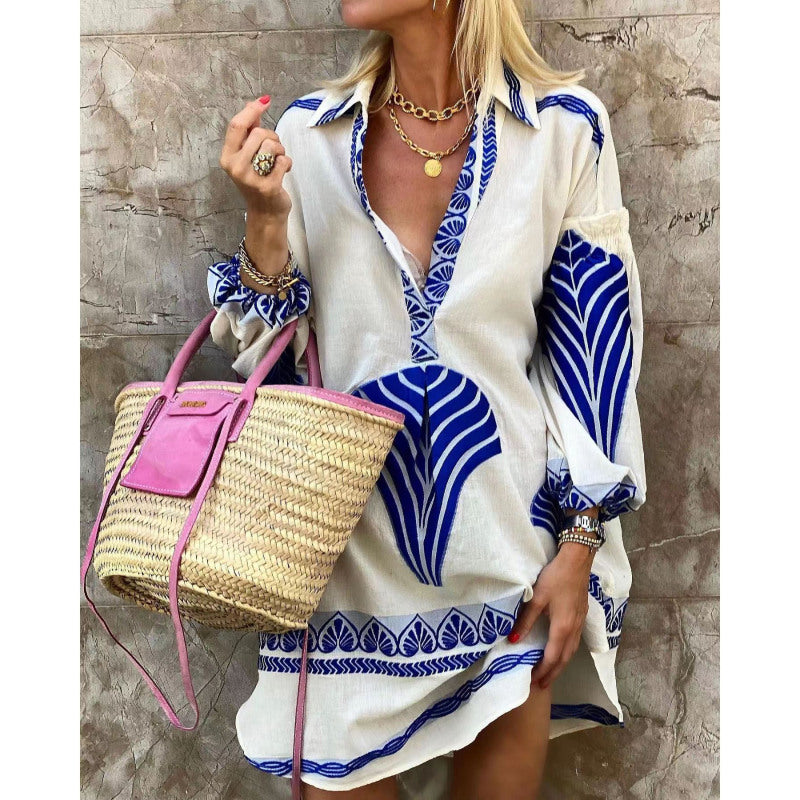 Vestido informal de manga larga con estampado geométrico y escote en V para mujer