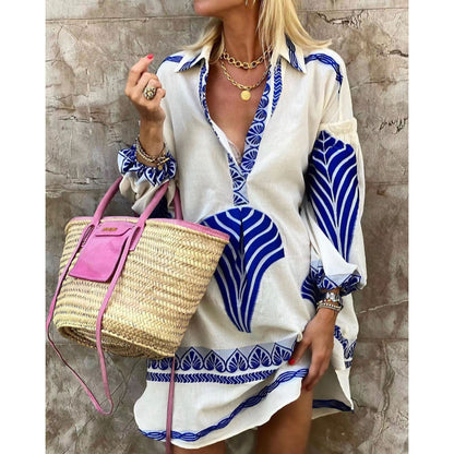 Vestido informal de manga larga con estampado geométrico y escote en V para mujer