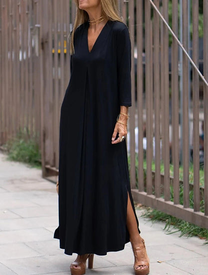 Vestido largo informal con escote en V y abertura para mujer