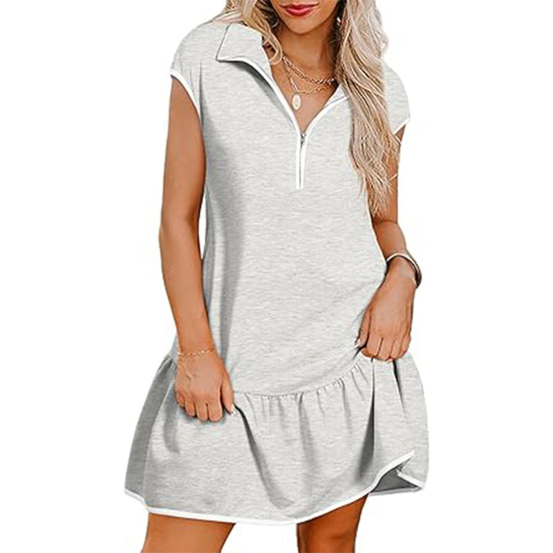 Women Fashion Casual Color Block Short Sleeve Zipper Dress