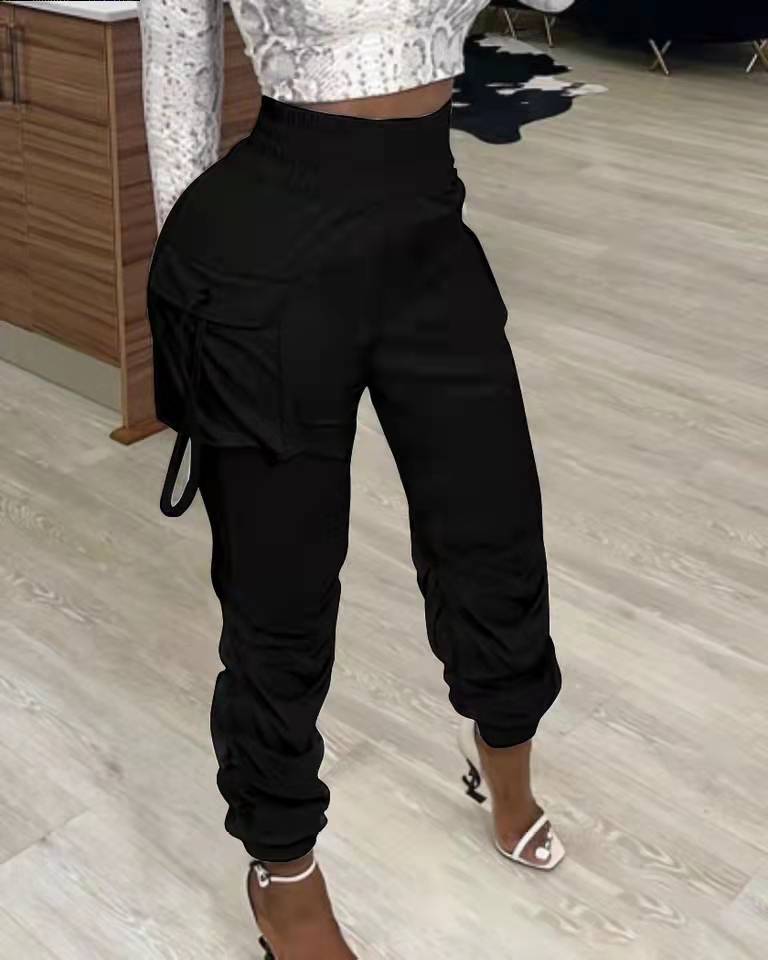 Women Fashion Casual Solid Color High Waist Pleated Pants