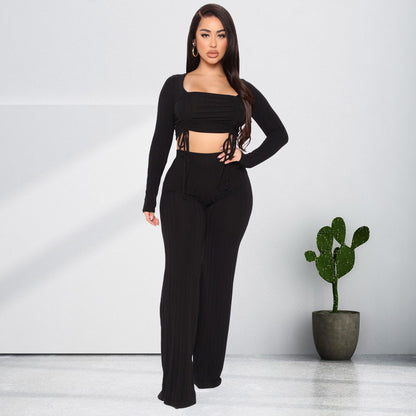 Plus Size Women Solid Color Drawstring Square Collar Two-Piece Casual Suit