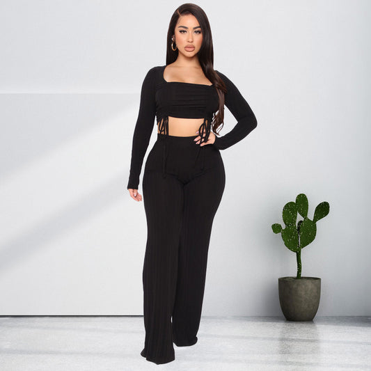 Plus Size Women Solid Color Drawstring Square Collar Two-Piece Casual Suit