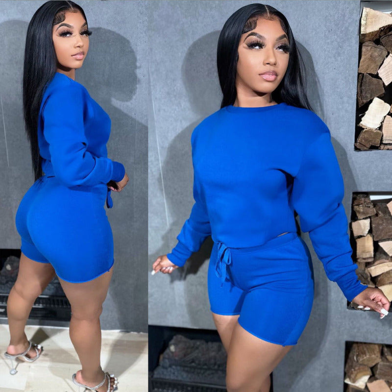Women Solid Color Fashion Casual Long Sleeve Top Casual Shorts Set