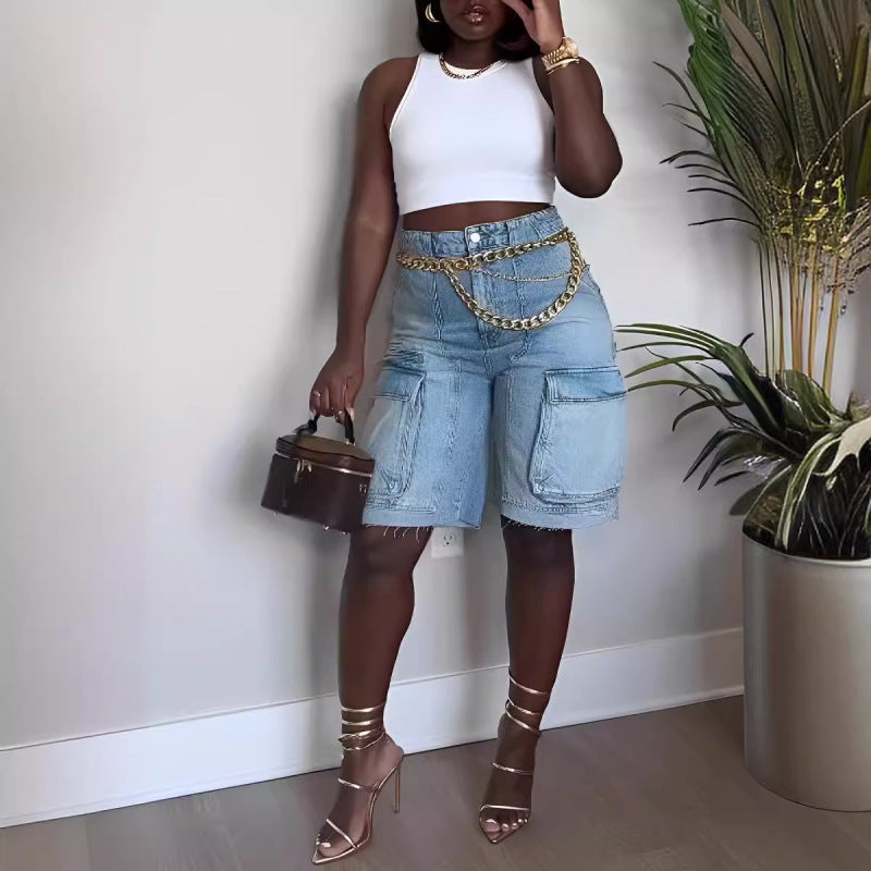 Women Fashion Casual Cargo Denim Shorts
