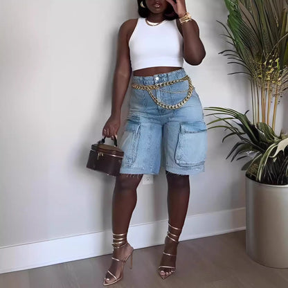Women Fashion Casual Cargo Denim Shorts