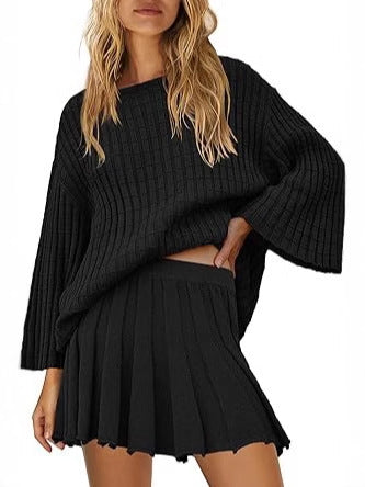 Women Fashion Casual Solid Color Knitted Stripe Long Sleeve Sweater Pleated Skirt Two-Piece Set