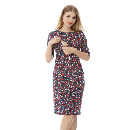 Vestido de lactancia de verano para embarazadas, informal, con estampado de flores pequeñas, cuello redondo y manga corta