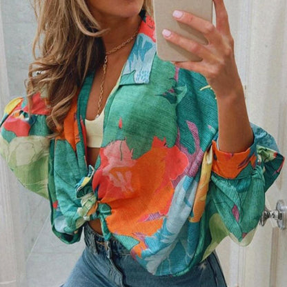 Blusa informal holgada de manga larga con estampado floral multicolor para mujer