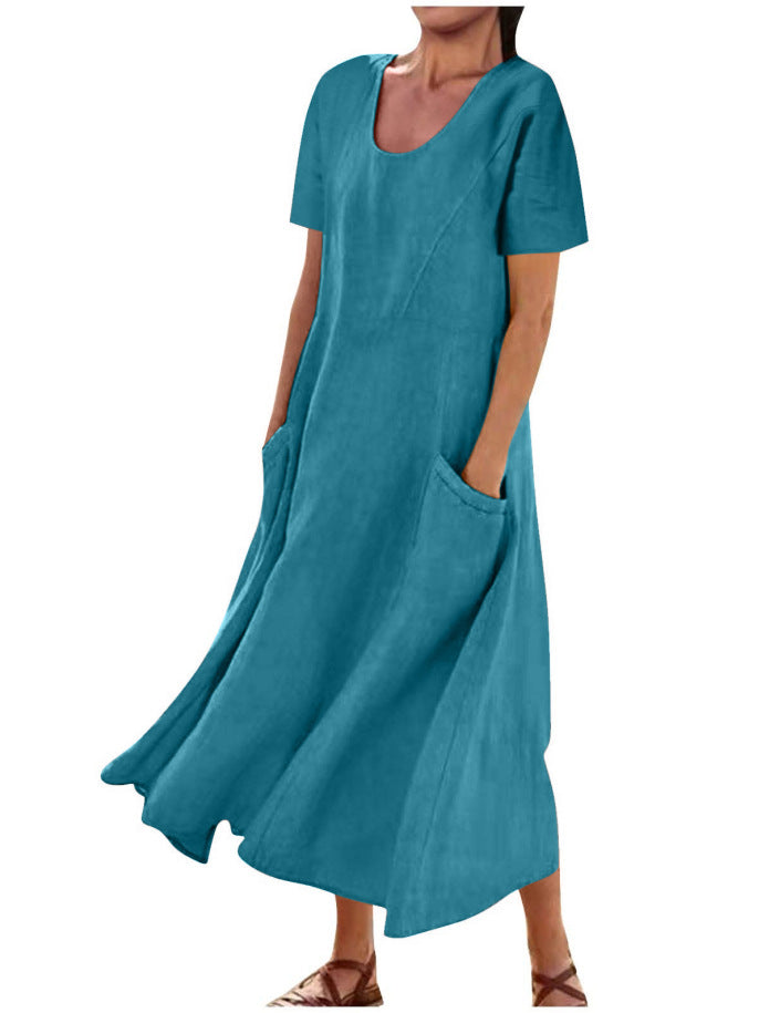 Women Casual Solid Color Cotton Linen Round Neck Short Sleeve Loose Dress