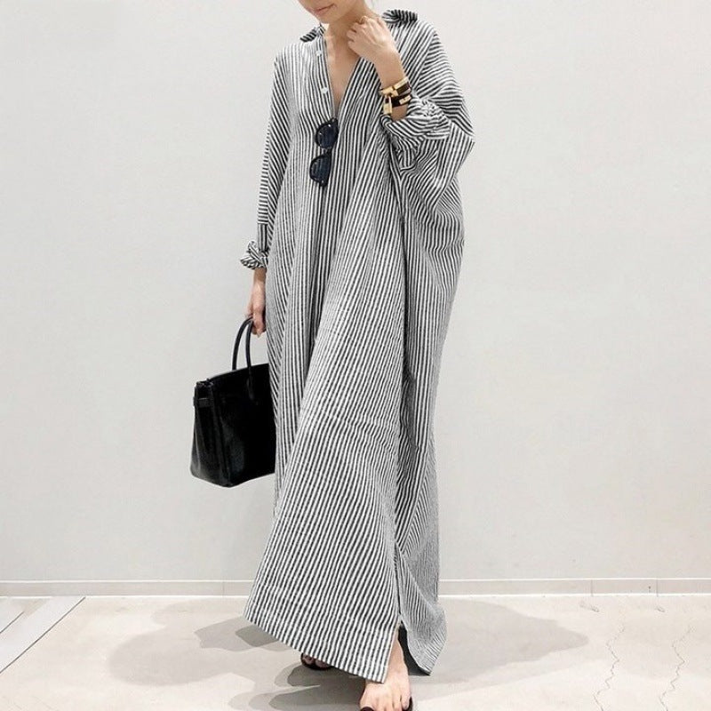 Women Fashion Casual Loose Stripe Cardigan Long Sleeve Maxi Dress