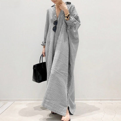 Women Fashion Casual Loose Stripe Cardigan Long Sleeve Maxi Dress