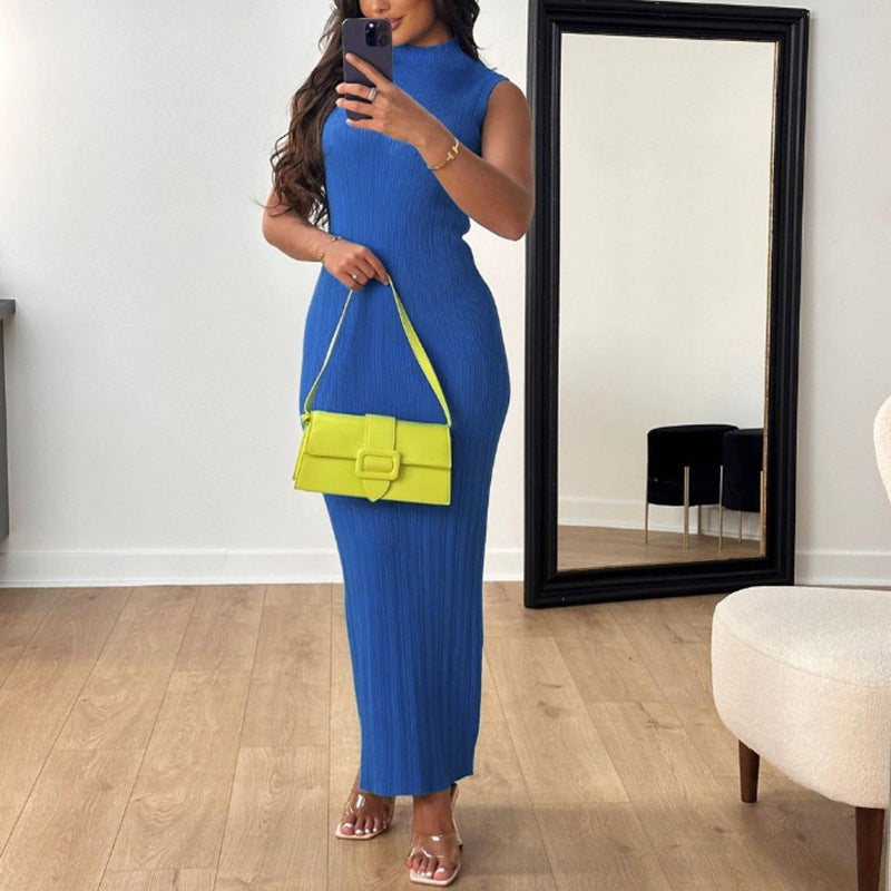 Vestido informal de punto sin mangas con cuello redondo para mujer