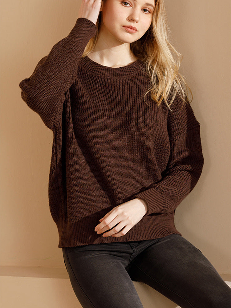 Suéter de punto de color liso con cuello redondo informal a la moda para mujer