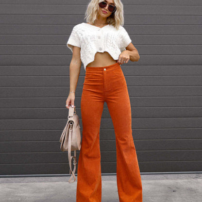Women Solid Color Casual High Waist Corduroy Flared Pants