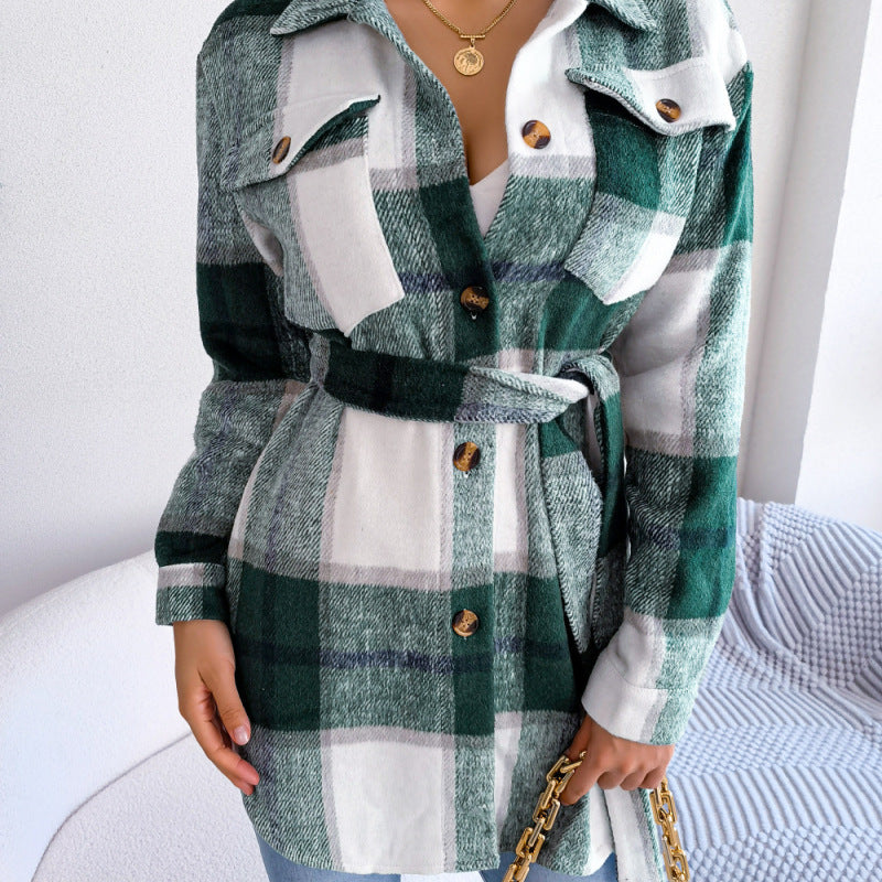 Autumn Winter Women Fashion Casual Color Block Plaid Long Sleeve Strap Thickened Woolen Jacket