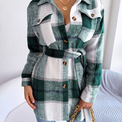 Autumn Winter Women Fashion Casual Color Block Plaid Long Sleeve Strap Thickened Woolen Jacket
