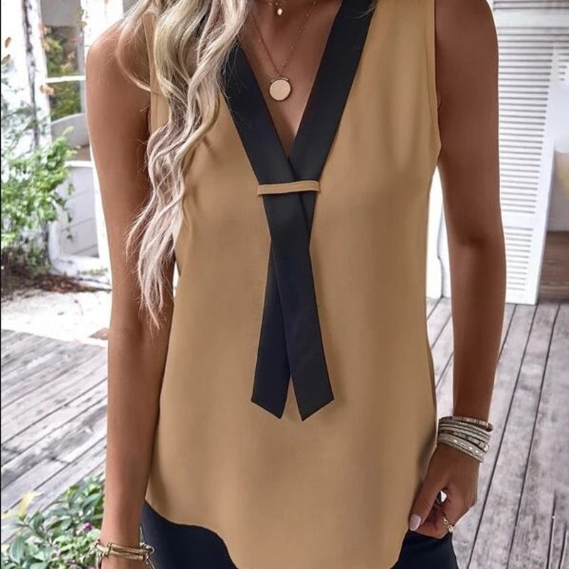 Blusa informal de oficina chic con escote en V y bloques de color para mujer
