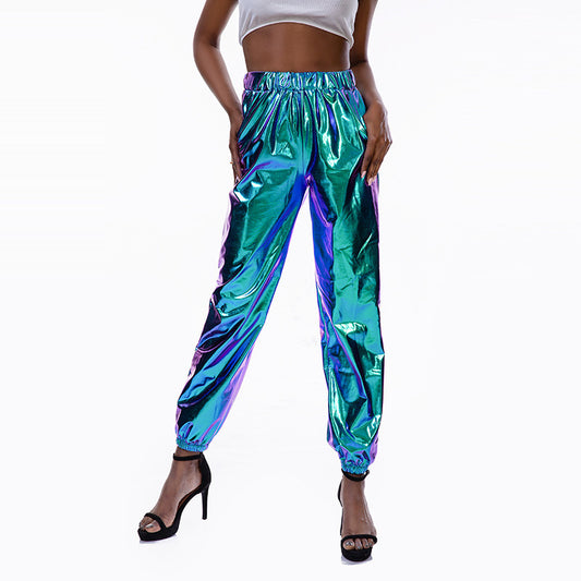 Pantalones deportivos casuales de cuero brillante con efecto láser para mujer