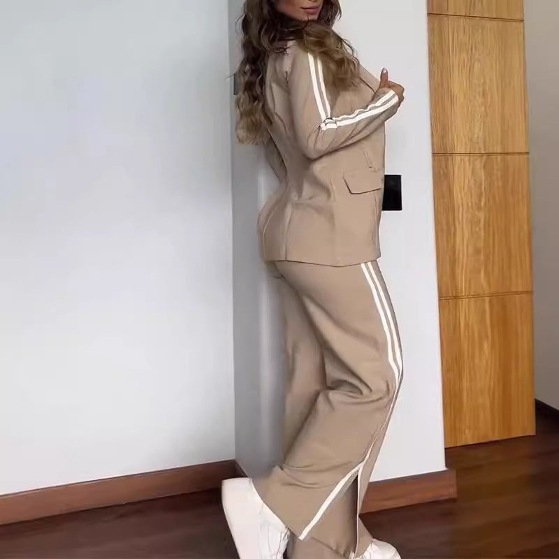 Conjunto de dos piezas de blazer, abrigo y pantalones con solapa y manga larga informal para mujer