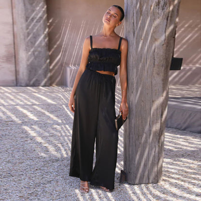 Conjunto de dos piezas de verano para mujer, color liso, informal, con cuello de una palabra, tirantes y pantalones de pierna ancha