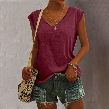 Women Casual Solid Color V Neck Simple Loose Sleeveless Tank Top