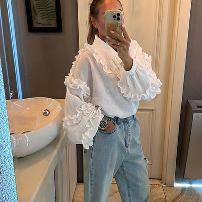 Camisa informal de manga farol con encaje de color liso a la moda para mujer