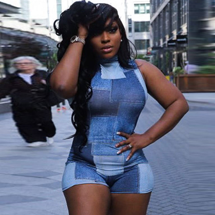 Women Summer New Casual Sleeveless Denim Printed Back Zipper Rompers