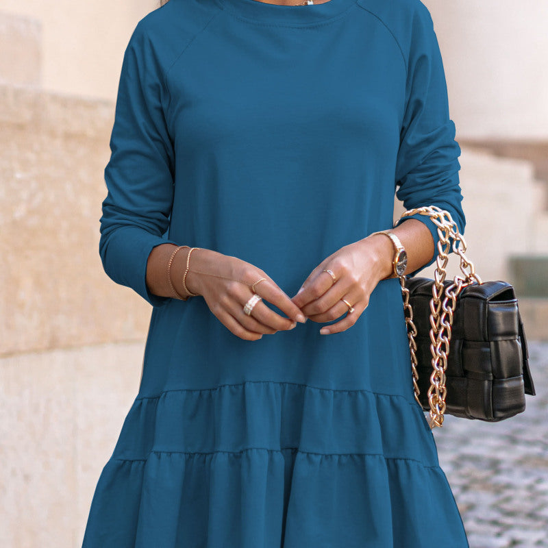 Vestido informal de manga larga para mujer, holgado, con cuello redondo y volantes, color liso