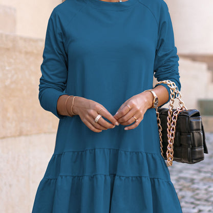 Vestido informal de manga larga para mujer, holgado, con cuello redondo y volantes, color liso