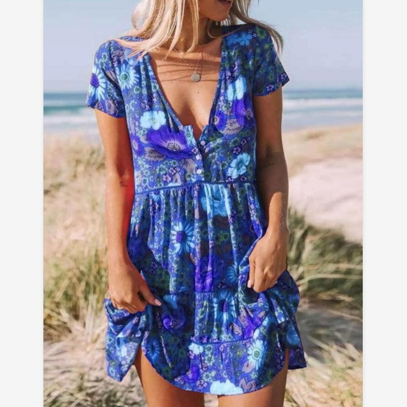 Women Casual Floral Printed V-Neck Short Sleeves Ruffled Dress