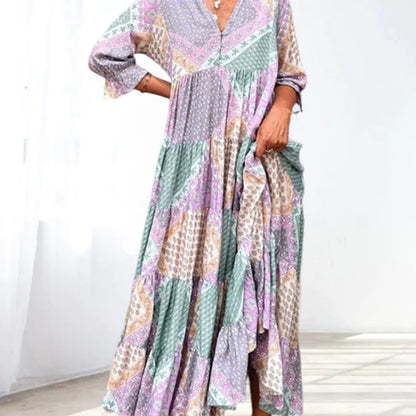 Summer Women Fashion Casual V-Neck Geometric Print Long Sleeve Maxi Dress