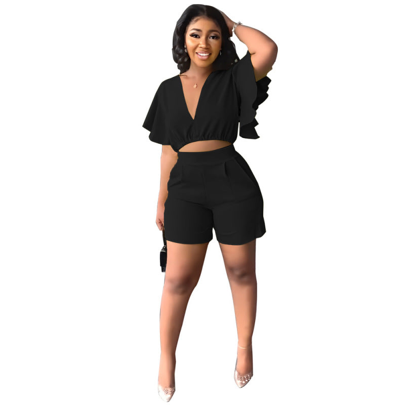 Conjunto de dos piezas de verano para mujer: top corto con cuello en V y pantalones cortos informales con volantes