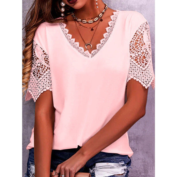 Blusa informal de manga corta con cuello en V, holgada, con encaje y patchwork de color liso para mujer