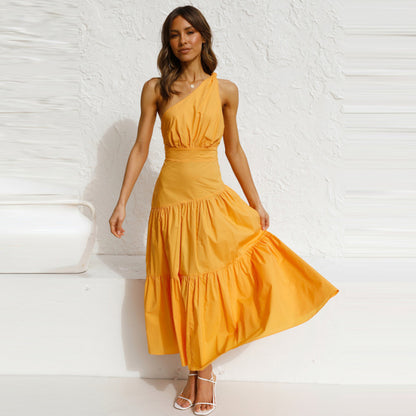 Women Fashion Vacation Floral Print Irregular One Shoulder Casual Maxi Dress
