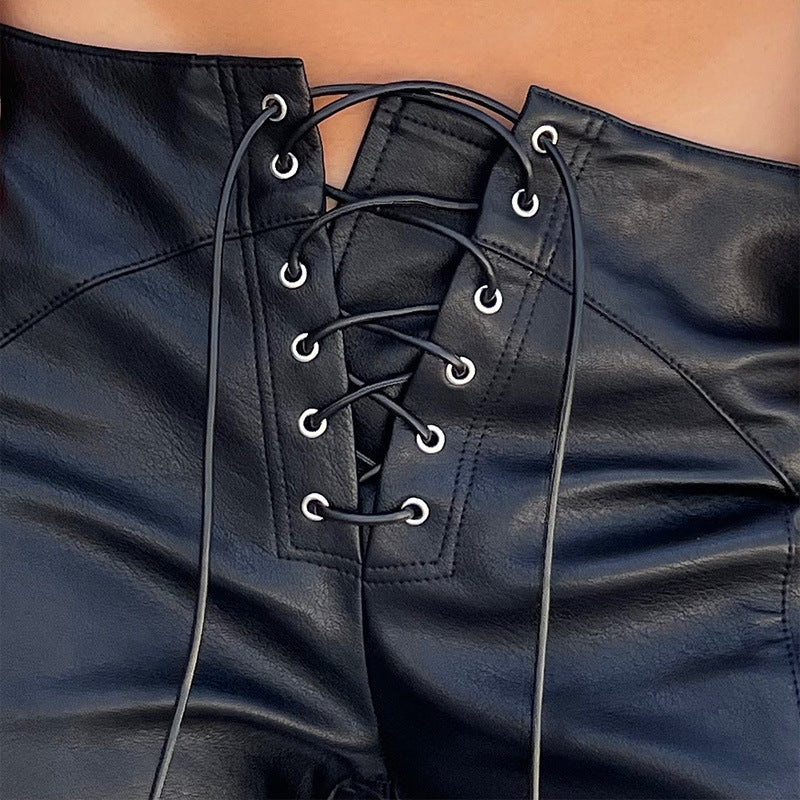 Women Pu Leather Pants Straight Loose Casual Low Waist Leather Pants