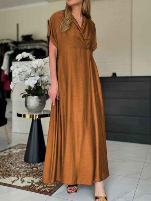 Women Casual Loose Solid Color V-Neck Short Sleeve Dress