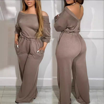 Women Simple Casual Solid Color Off Shoulder Jumpsuits