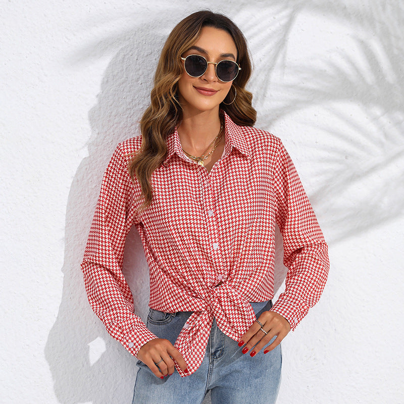 Blusas casuales de manga larga con estampado de cuadros a la moda para mujer