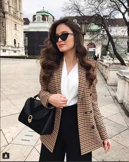 Blazer retro informal de manga larga a cuadros con botonadura sencilla para mujer